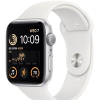 Apple Watch SE 2 44 мм (алюминиевый корпус, серебристый/белый, спортивный силиконовый ремешок S/M)
